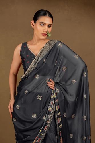 Image of MIRCHI FASHION Saree for Woman Chiffon Foil Work Floral Printed | Ethnic Sari for Function and Farewell with Unstitched Blouse Piece (Available in 15 Colors)