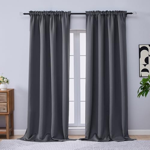 Image of Charcoal Grey Blackout Curtains 96 Inch Length 2 Panels, Solid Thermal Insulated Room Darkening Soft Fabric Privacy Curtains for Sliding Door, Dual Rod Pocket Window Drapes, 2x50Wx96L Inches