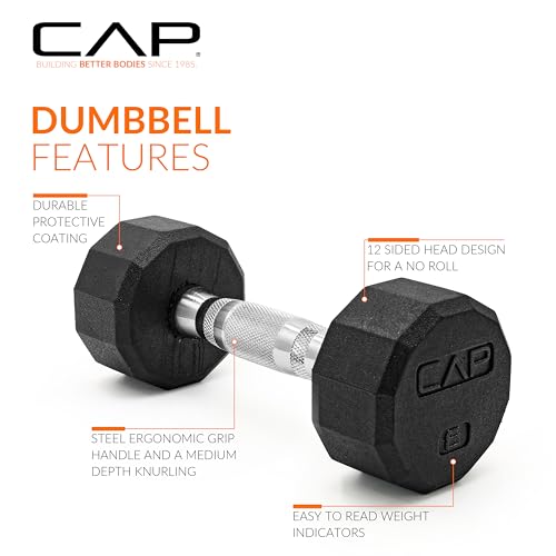 Image of CAP Rubber Coated Dumbbell Weights, Free Weights for Home Gym Strength Training, Anti-Roll Hex Dumbbells with Black, Chrome & Comfort Grip Handles, Singles