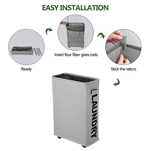 Image of Slim Rolling Laundry Basket with wheel, IHOMAGIC Rectangle Storage Hamper - Thin Laundry Basket Corner Fittable Laundry Bin Flexible Laundry Sorter For Dormitory, Hotel, 39x18.5x58cm 41L, Light Gray