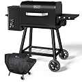 KingChii Electric Wood Pellet Grill & Smoker with Side Shelf, 456 SQ.IN Grill Capacity, 18LB Hopper, with PID Temperature Control (180-425°F) for Backyard Camping Bake and Roast, Black with Cover