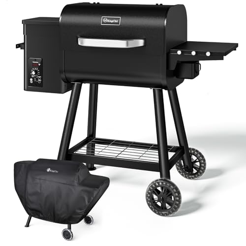 KingChii Electric Wood Pellet Grill & Smoker with Side Shelf, 456 SQ.IN Grill Capacity, 18LB Hopper, with PID Temperature Control (180-425°F) for Backyard Camping Bake and Roast, Black with Cover