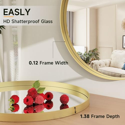 24 Inch Round Bathroom Mirror - Wall Mounted Circle Mirror with Metal Frame, Modern Mirror Suitable for Bathroom, Vanity, Entryway, Living Room, Wall Decor,Gold - Image 7