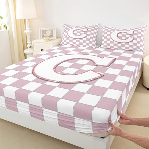 Image of Erosebridal Pink Initial C Sheet Set King Kawaii Plaid Checkered Bed Sheets Cute Personalized Monogram Bedding for Kids Girls Teen Women,Fashion Grids Gingham Bed Sheets Set 4 Piece
