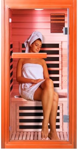 Sauna, Far Infrared Saunas for Home 1 Person Wooden Sauna 1065W/120V Low Emf Dry Sauna Indoor Sauna Room with Tempered Glass Door/Speakers/Air Hole and Colored Lighting - 31.5 * 31.5 * 63 in