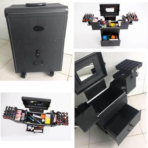 Valigetta per trucchi, grande organizer multifunzione con 4 ruote, valigetta professionale per cosmetici con cassetti per cosmetici essenziali di bellezza e conservazione, Viola