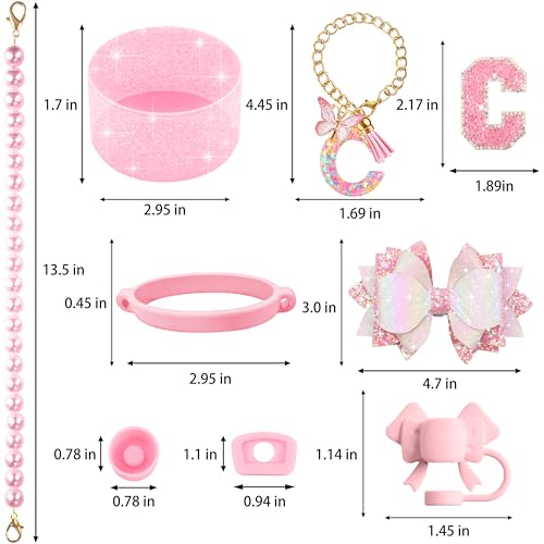 Hpebl 9PCS Pink for Stanley Cup Accessories Set Bling Initials Bow Charms for Stanley Decorations 30/40 Oz Tumbler Accessories Including Bow Straw Topper, Handle Strap, Spill Stopper（Letter C） - image 3