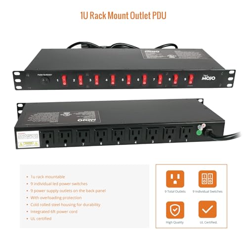 Image of Tecmojo 9-Outlet Rack Mount Overloading Protection Circuit Breaker PDU, with Individual Switch 6ft Cord for IT and Network Racks and Cabinets