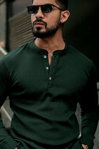 Image of GRITSTONES Men Self Waffle Knit Henley T-Shirt (GSHN-2H-01-BLK S)