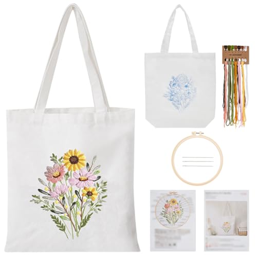 FREEBLOSS Canvas Tote Bag Embroidery Kit for Beginners White Embroidery Tote Bag Kit Daisy Canvas Bag Hand Stitch Embroidery Tote Bag Kit with Hoop and Floss, Instructions Included