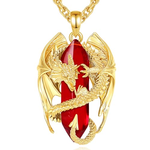 INFUSEU Dragon Necklace Red Crystal Jewelry for Women Men Cubic Zirconia Large Stone Pendant Birthstone January July Birthday Personalized Gifts Gothic Goth Stuff Punk Spiritual Present