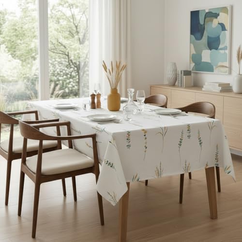 Image of HOMEMONDE 100% Cotton 4 Seater Table Cloth, 45 x 60 Inches Floral Printed Table Cover for Home Decor (114 x 152 CM, Leafscape - Yellow & Green)