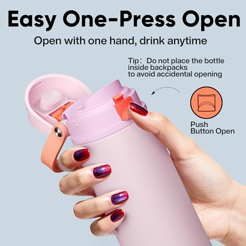 Image of Insulated Water Bottle with Straw - Encool Stainless Steel Water Bottle with Push Button Lid, Leak-Proof & BPA-Free, Keeps Cold for 24 Hours for Sports, Travel, Gym (24 oz, Lily-Red)