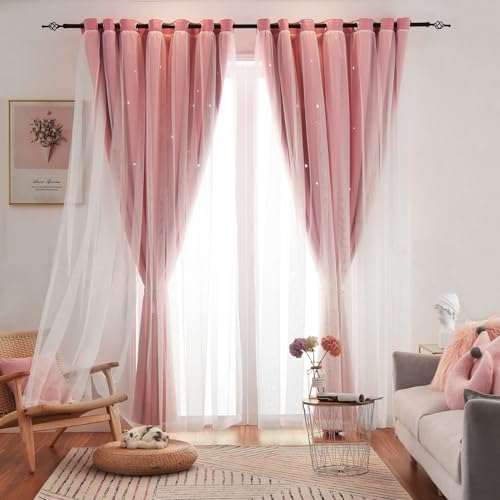 Azurehop Double Layer Star Curtains, Kids Nursery Blackout Curtains, Grommet Top Curtains 72 Inches Long 2 Panels, Pink Curtains, 52" W x 72" L (Pack of 2) by Azurehop - Image 3