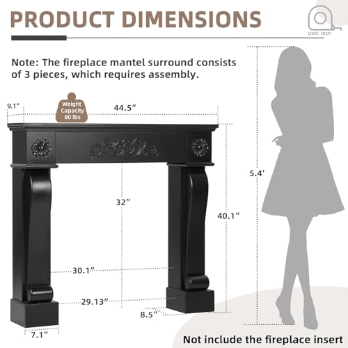 Image of Modern Fireplace Mantel Surround, Decorative Wooden Freestanding Mantel for Electric Fireplace, Waterproof & Anti-Tipping, Premium MDF Mantel with Leg for Living Room, Black