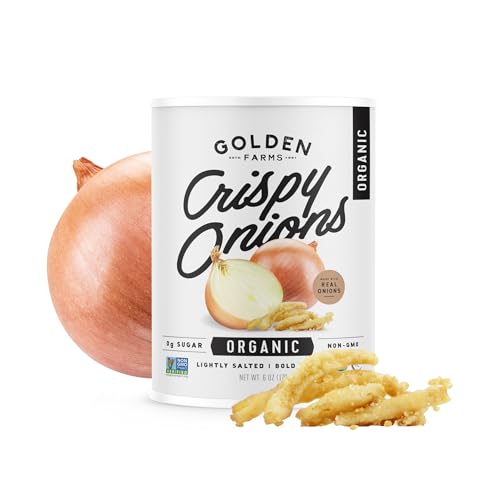 Golden Farms Organic Crispy Fried Onions - Kosher, Vegan, NON-GMO, USDA Organic - 12 Oz (Two Pack, 6oz each) Great on Salads, Burgers and Green Bean Casseroles
