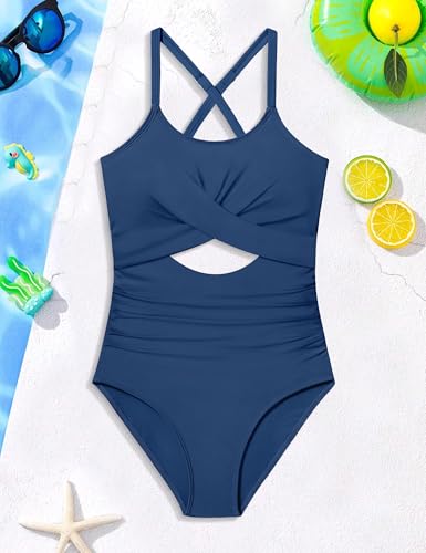 Image of Girl Swimsuit One Piece Cutout Ruched Bathing Suit for Girls Color Block Adjustable Straps Pad Swimwear 9-18y