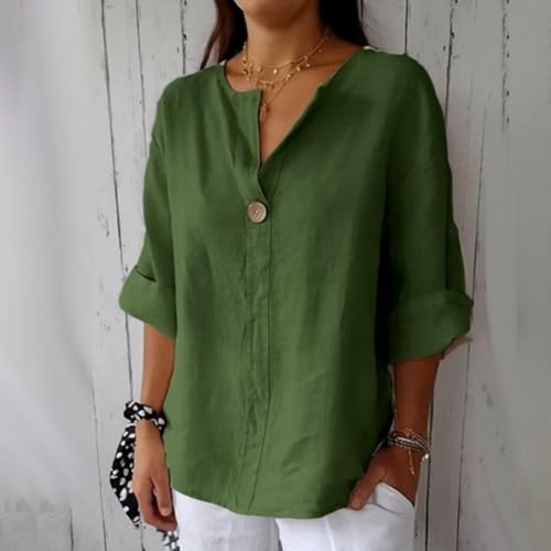 Summer Women's Cotton Linen V-Neck 3/4 Sleeve Tunic Tops