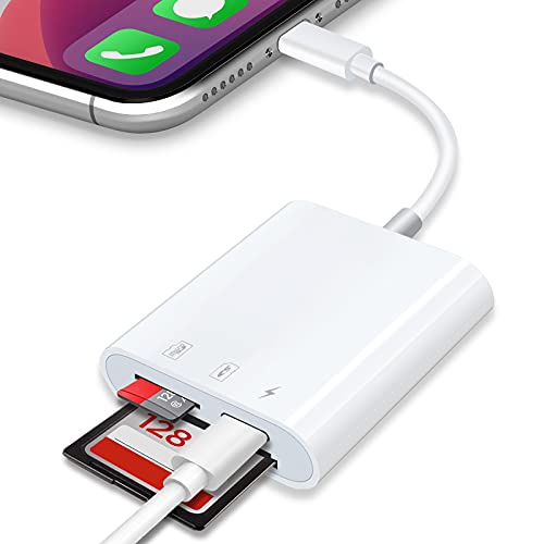 SD TF Card Reader Compatible with iPhone iPad, Portable Memory Card Reader Camera Adapter Support Charging and Card Reading, Trail Camera Viewer, No App Required, Plug and Play