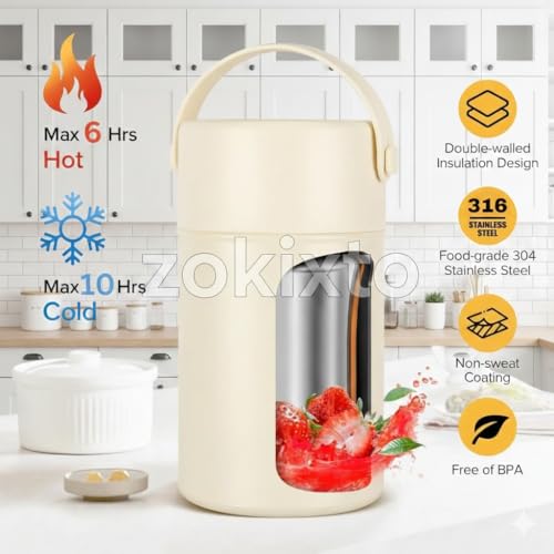 Image of Insulated Lunch Box 500ml Stainless Steel | Thermal Food Flask & Food Jar with Folding Spoon | Leakproof Tiffin Box for Office, School, Travel | Hot & Cold Food Container (White)