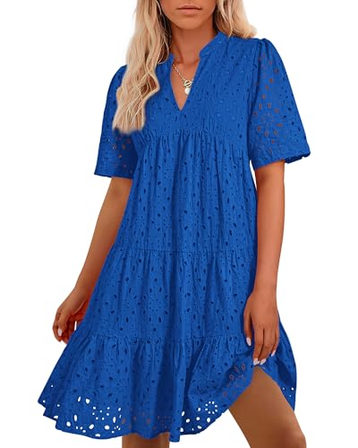 Image of BTFBM Womens Boho Summer Dresses 2026 Spring V Neck Short Sleeve Hollow Out Lace Ruffle Casual Beach Mini Vacation Dress