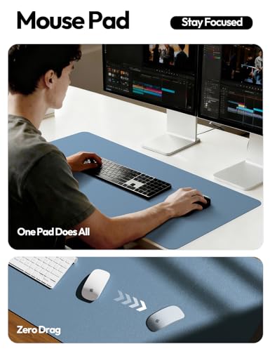 Image of YSAGi Leather Desk Protector, Office Mat, Large Mouse Mat, Non-Slip PU Leather Blotter, Laptop Desk, Waterproof Writing Pad for Office and Home (Blue, 23.6 inch x 13.8 inch)