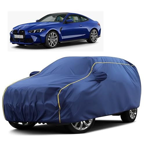 Image of Sulfar 100% Water Resistant Car Body Cover Compatible with Mirror for BMW M Series (Triple Stitched, Full Bottom Elastic, Blue Taffeta with Yellow Piping)