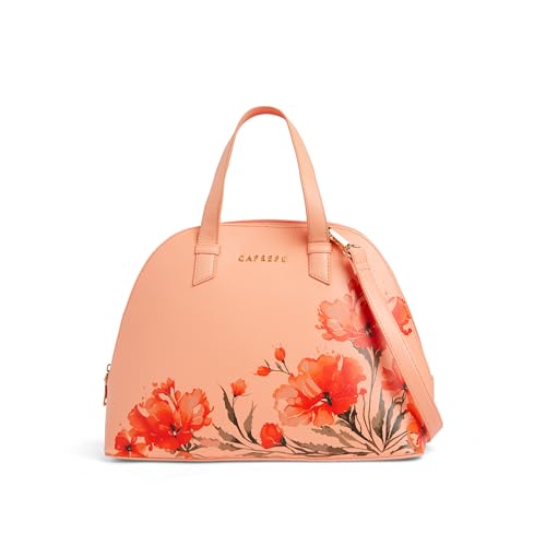 Image of Caprese Chloe Medium Floral Print Satchel Bag for Women with Adjustable & Detachable Strap -Versatile Shoulder Handheld Bag for Work, Travel, Everyday Use with Multiple Compartments (Orange)