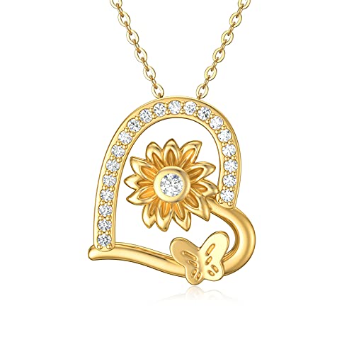 ELFRONT 14K Gold You Are My Sunshine Necklace Heart Sunflower Necklace for Women Real Gold Butterfly Pendant Anniversary Jewelry Gifts for Wife Girlfriend Christmas Gift for Her