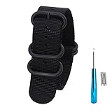 Randon Watch Bands NATO Straps 1.5mm Thickness Quality Heavy Duty Ballistic Nylon Strap with Black Stainless Steel Buckle (Black, 22mm)