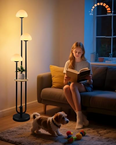 Image of Black Dimmable Floor Lamp with Table, Modern Floor Lamps with Mushroom Shades for Living Room, 3000K Warm White Tall Standing Lamp with Bulbs& 5Lbs Heavy Base for Bedroom /Office