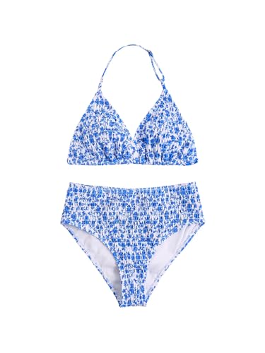 Image of RoseSeek Girl's Tie Dye Smocked 2 Piece Swimwear Sets Backless Halter Bikini Cute Brief Bathing Suit