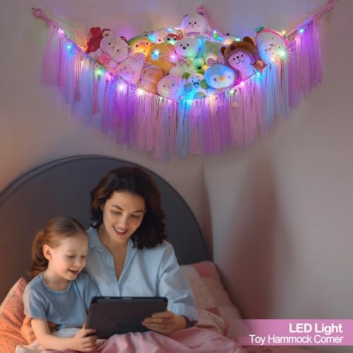 Image of FIOBEE Stuffed Animals Net LED Light Toy Hammock for Kids Bedroom Storage | Stuffed Animals Storage Organizer, Girls Room Decor, Teddy Bear Holder, Space Saving, for Kids Nursery Bedroom Playroom