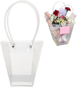 20 Packs Clear Flower Bouquet Bags with Handles, Transparent Floral Bags, Packaging Plastic Flower Bags for Birthday Wedding Mothers Day