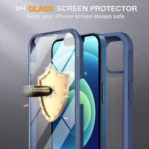 Image of Miracase Glass Series for iPhone 12 /12 Pro Case 6.1 inch, Upgraded Full-Body Rugged Phone Bumper Case Cover with Built-in 9H Tempered Glass Screen Protector and Camera Protector, Blue