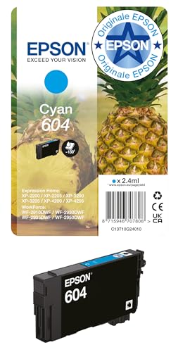 Epson 604 Serie Ananas - Cartucce per stampante getto d'inchiostro, Singlepack 1 Colore (Ciano 2.4 ml), Formato STD, Stampe affidabili casa e ufficio, Confezione Retail