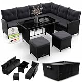 Juskys® Polyrattan Lounge Manacor mit Ecksofa, Esstisch, 2 Hocker & Kissen inkl. Abdeckung - wetterfest bis 7 Personen - Bezüge waschbar - Rattan Garten Sitzgruppe Gartenmöbel Set - Schwarz/Grau