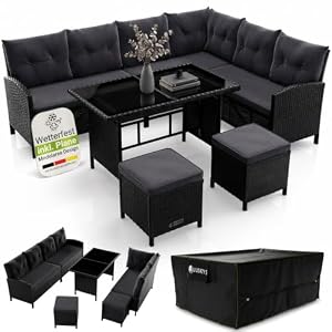 Juskys® Polyrattan Lounge Manacor mit Ecksofa, Esstisch, 2 Hocker & Kissen inkl. Abdeckung - wetterfest bis 7 Personen - Bezüge waschbar - Rattan Garten Sitzgruppe Gartenmöbel Set - Schwarz/Grau