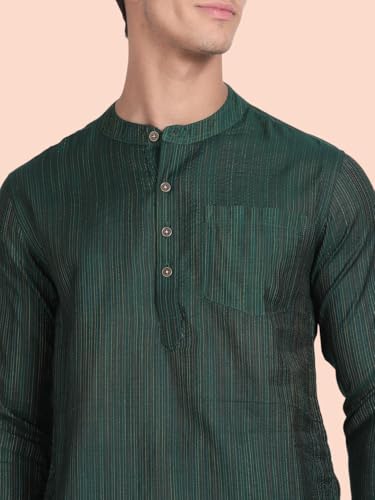 Image of KRYPTIC Men's Full Sleeve Regular Fit Short Kurta in Premium Pure Cotton with Patch Pocket and Mandarin Collar - Perfect Blend of Style and Comfort