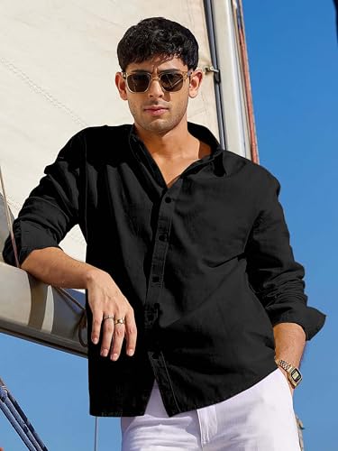 Image of Men's Linen Cotton Casual Shirt | Regular Fit Plain Shirt for Men | Long Sleeve Shirt for Casual & Formal Wear