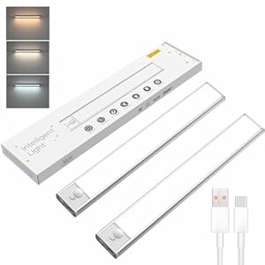 Under Cabinet Lighting Wireless, 54-LED Motion Sensor Lights Indoor, Cabinet Lights Rechargeable, Dimmable Closet Lights Under Counter Lights for Kitchen, Shelf, Stair, Hallway, 3 Color 2 Pack