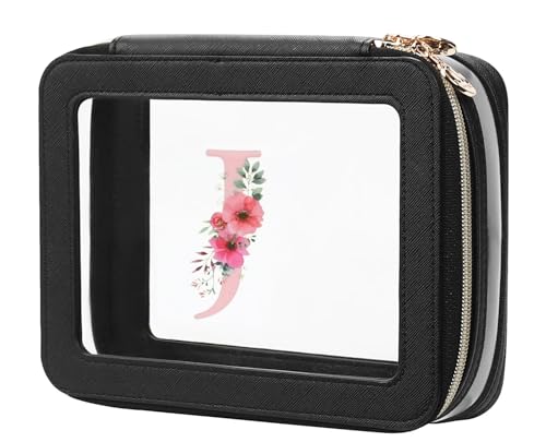 Relavel Personalized Initial Clear Makeup Bag, PU Leather Waterproof Travel Toiletry Bag with Zipper, Portable Skincare Pouch Car Organizer Bag, Idea Gifts for Women Girls, Black J