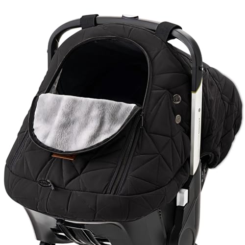 Image of Car Seat Cover Baby Winter: Sprouterie Carseat Canopy for Babies - Infant Cold Weather Shield with Zipper Peeping Window Warm and Cozy Waterproof Universal Fitted Black for Boy Girl Neutral Newborn