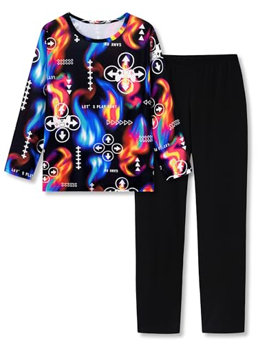 Image of Tebbis Boys Comfy Trendy Print Long Sleeve & Pants Pajama Set Sizes 6-18 | Lightweight Breathable Fabric, 2-Piece PJs, Trendy Printed Jammies for Little & Big Boys, Ideal for Lounging and Sleeping