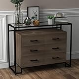 GAOMON Dressers for Bedroom, 6 Drawer Chest with Wide Storage Space, Wood Drawer Dresser, Large Storage Cabinet with Steel Frame & Tempered Glass Top, Rustic & Brown