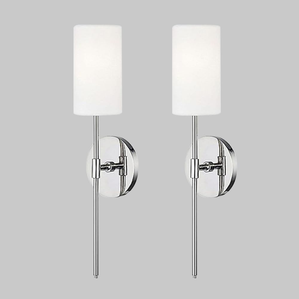 Lot de 2 appliques murales industrielles vintage linéaires longues avec abat-jour en tissu cylindrique blanc, lampe murale américaine rurale câblée en métal, éclairage moderne chromé/noir pour