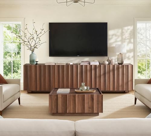win2win Square Coffee Table with Storage, Mid Century Modern Coffee Table with Wave Design, Wood Grain Finish, Minimalist Center Table with Top-Edge Finger Pull Design for Living Room, Office, Walnut