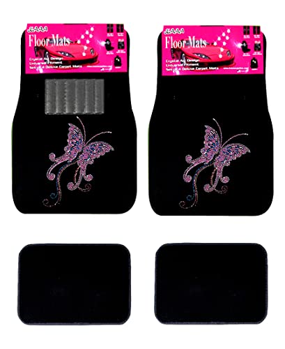 Universal Fit Front/Rear 4-Piece Full Set Crystal Bling Rhinestone Studded Carpet Car Suv Truck Floor Mats (Pink Butterfly/Black) #TOP5