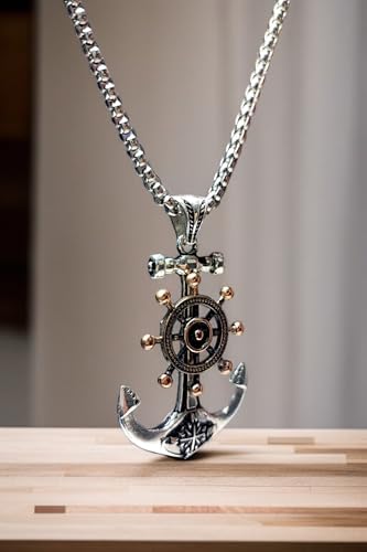 Erkek, Pusula Dümen Çıpa Denizci Figürlü K-122 Paslanmaz Kromix Çelik Gümüş Kaplama Kolye Madalyon - Görsel 3