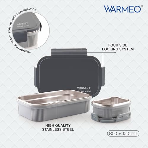 Image of WARMEO MICROMATE Microwave-Safe Stainless Steel Lunch Box, Bpa Free, Perfect for Office, School, Travelling, Combo(800ml+150 ml),Grey